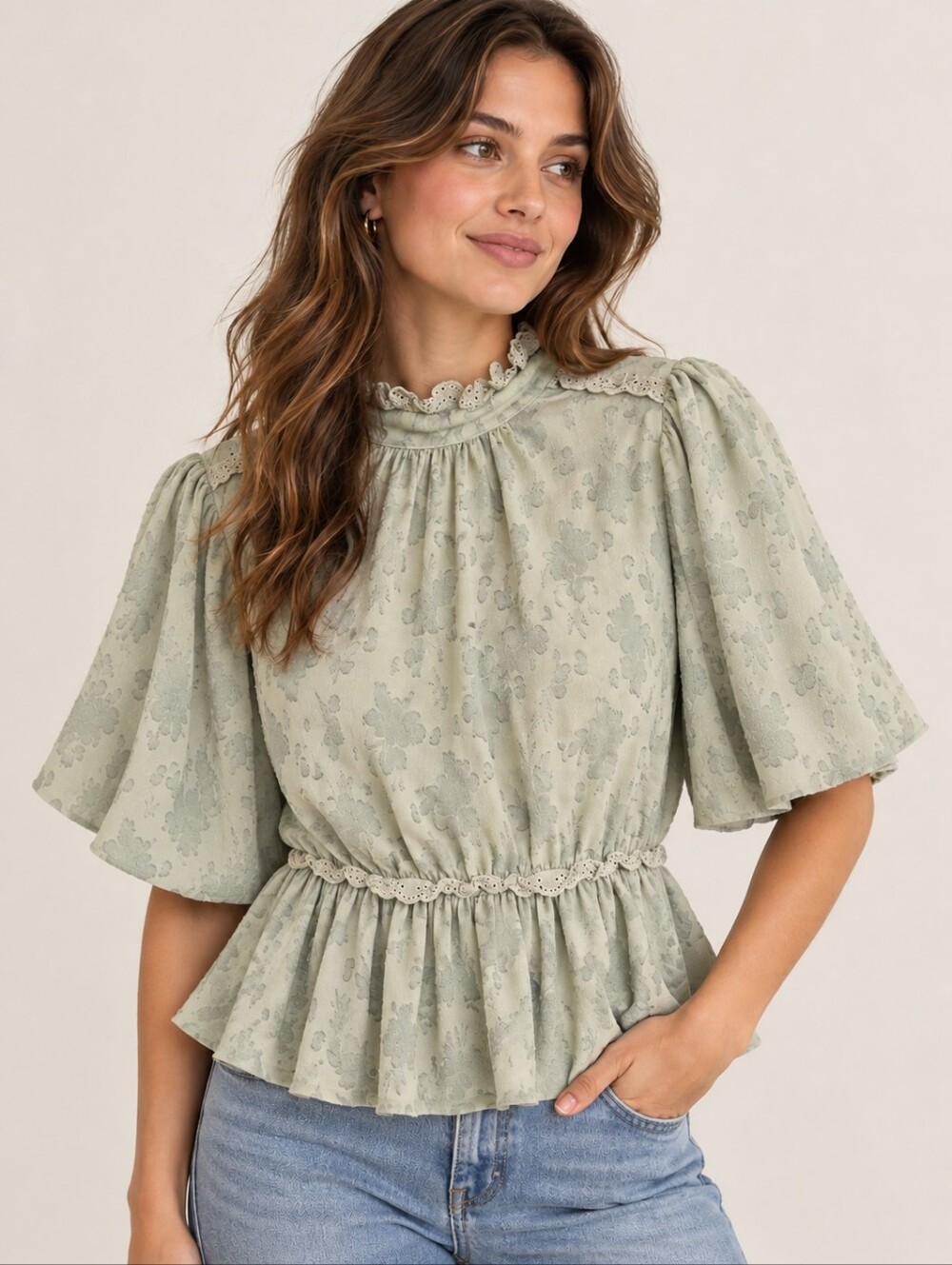 Ontwelfth Sage Green Textured Floral Puff Sleeve Peplum Blouse XL